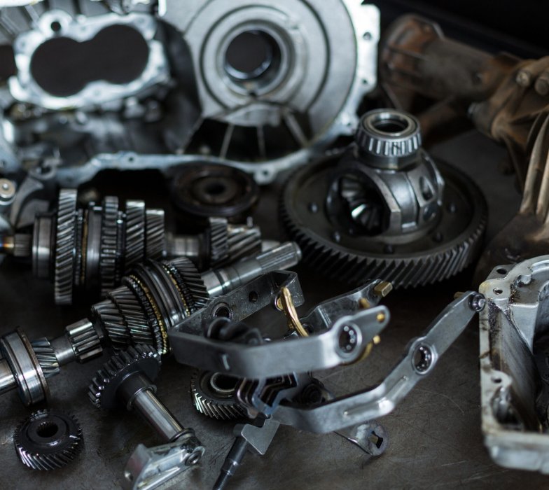 Spare parts of car at a repair shop